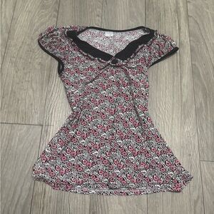 Floral Cap-Sleeve Tunic with Black Trim - Pink Floral